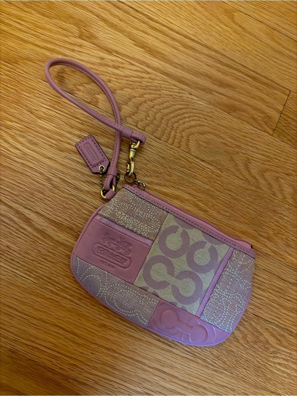 Coach Pink Signature Patchwork Wristlet Pouch
